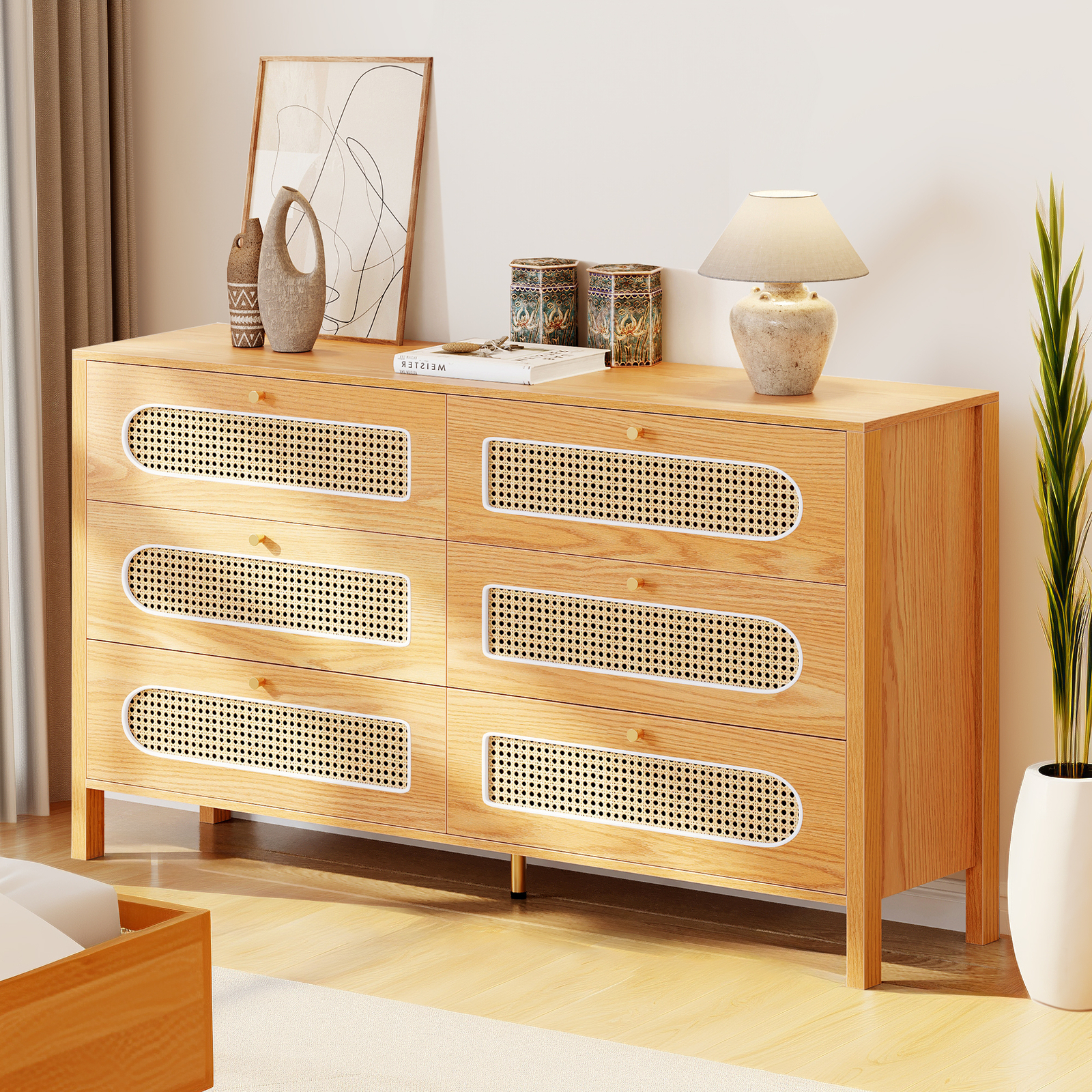Rattan 6-Drawer Dresser Storage Cabinet for Bedroom Closet Organization  -image