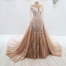 Detachable Train Mermaid Lace Tulle Prom Evening Party Dress Celebrity New Gown
