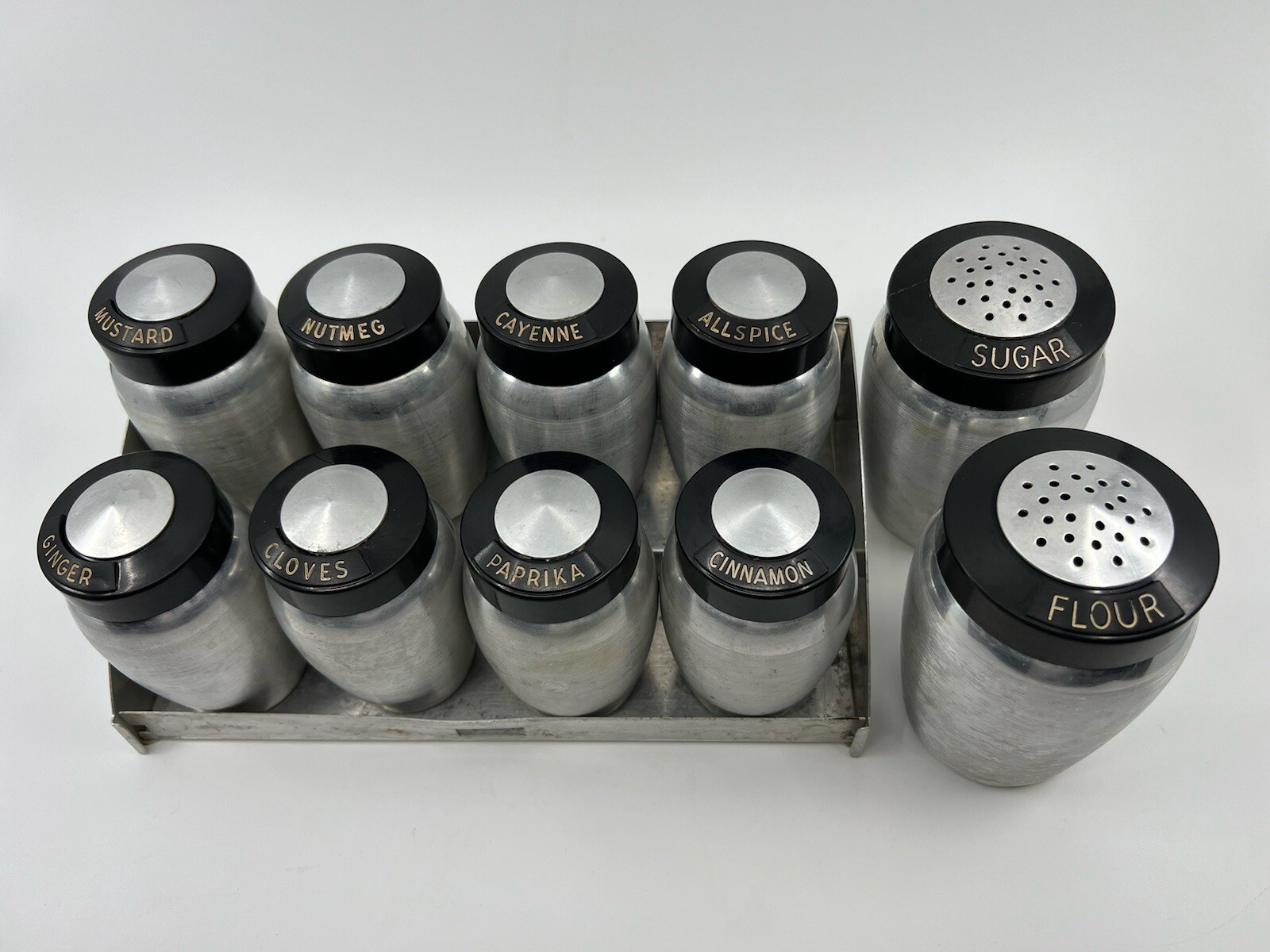 Kromex Vintage Aluminum Spice Set With Rare Flour And Sugar Shakers