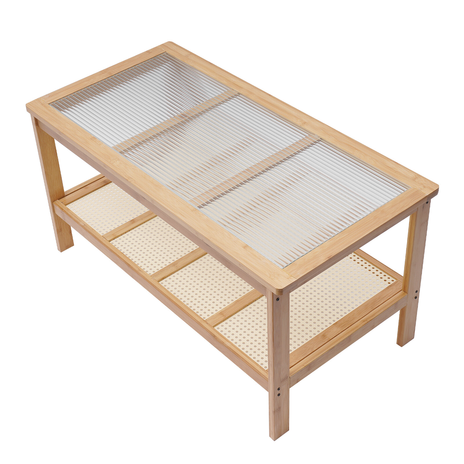 Wood Rectangle Coffee Table 2 Tier Glass Top Table Living Room Furniture Table