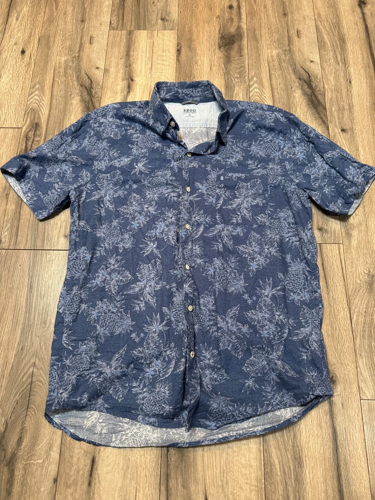 Izod Saltwater XL Mens All Over Pineapple SS Blue Hawaiian Button-Down Shirt 100