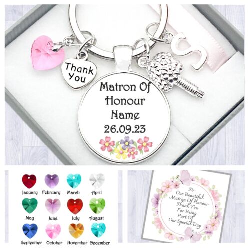 MATRON OF HONOUR GIFT. PERSONALISED KEYRING. THANK YOU. WEDDING FAVOUR. - Picture 1 of 8