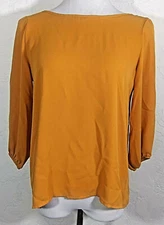 Brendas Womens Top Medium Gold Low V Cut Bow Back 3 4th Sleeve Boat Neck Shirt