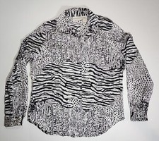 VTG Christie  Jill Black  White Animal Print Silk Button Up Blouse Top Sz M