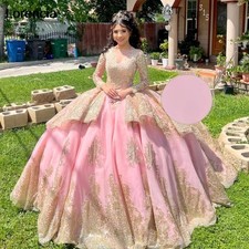Blush Pink Gold Lace Overlay Quinceanera Ball Gown Long Train Formal Dresses