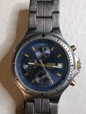 Herren Pulsar Titan Chronograph Uhr Funktioniert Batterie In Glas Kratzer...