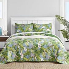 Tropical Quilt Set Green Blue Palm King Cotton Sham Reversible Bedding 1546