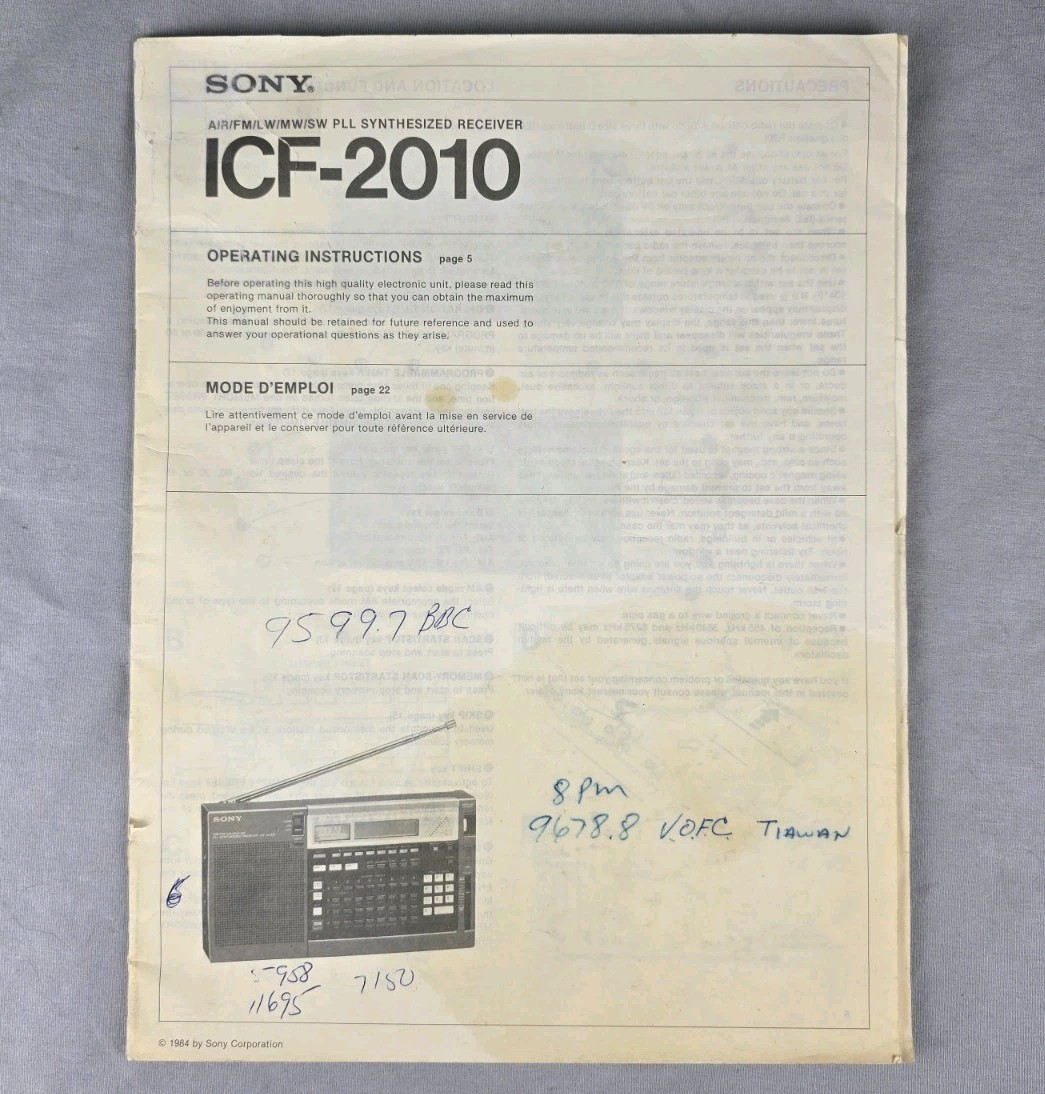 Sony ICF-2010 Radio Owners User Manual Original AM/FM/LW/MW/SW