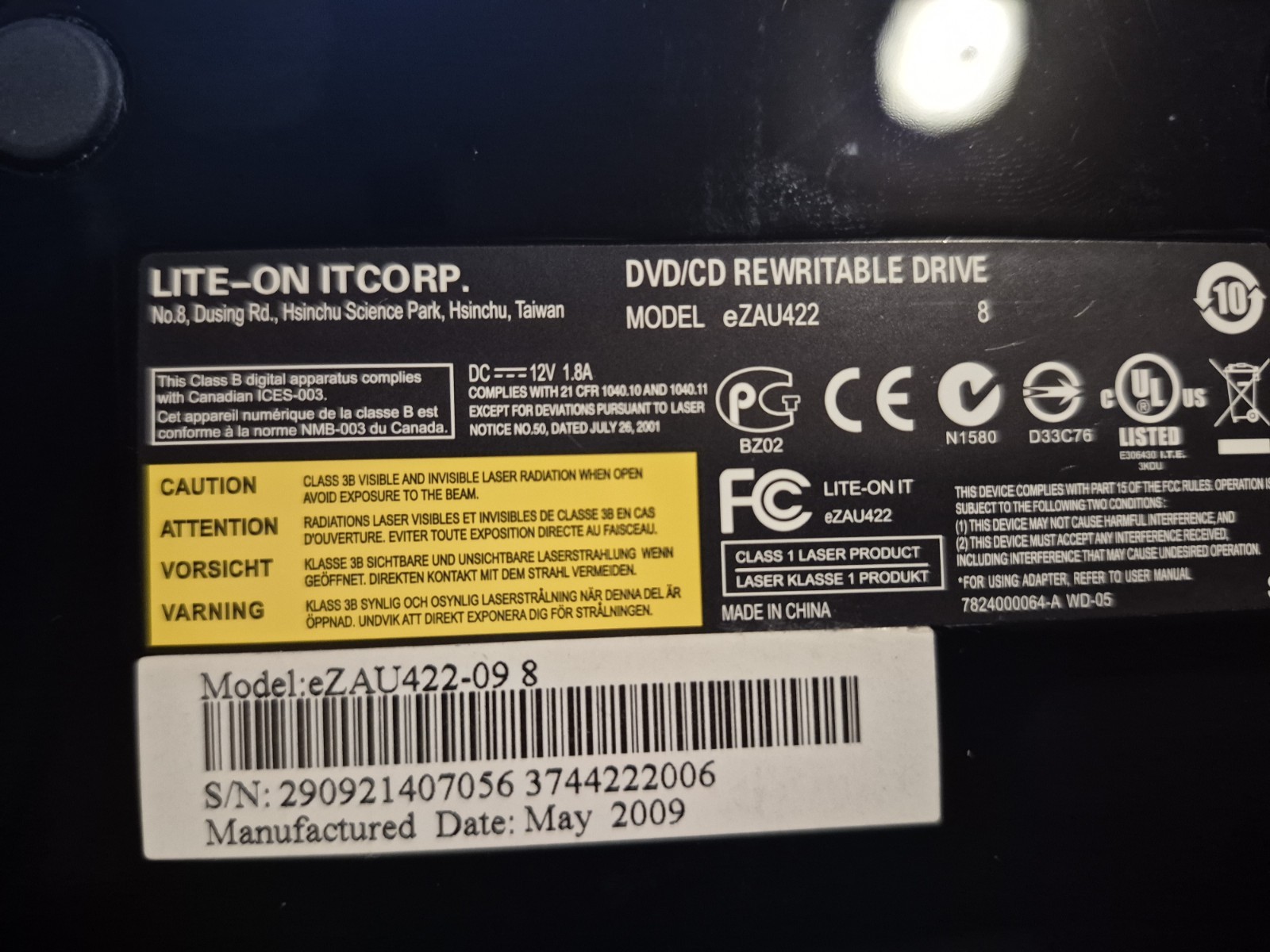 LiteOn EZ-DUB DVD/CD Rewritable Drive Model eZAU120-09 