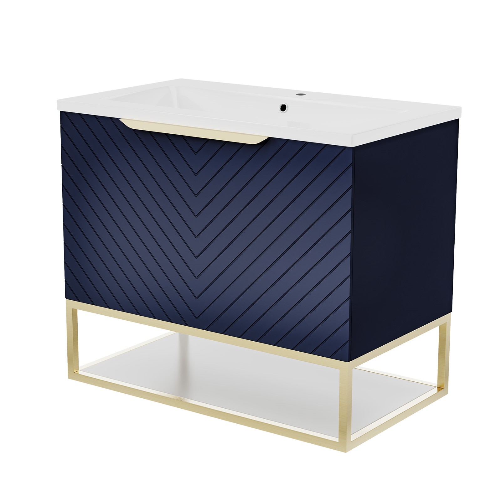 Nes Home 800Mm Wall Hung Blue Drawers Basin Vanity Brushed Brass Frame & Handle - Image 2
