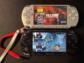 Two Upgraded Sony PlayStation Portable PSP 2001 Black & Silver Bundle w Extras