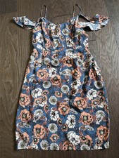 Astr Floral Blue off-shoulder Floral Sundress with Coral Accents. Size L