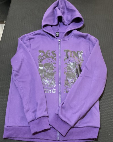 ROMWE Hoodie Mens Small Purple Skull Graphic Full Zip Fleece Gothic Sweatshirt