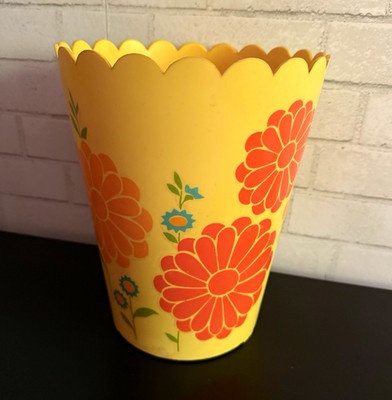 Authentic MCM 1970s yellow ''Flower Power'' hard plastic wastebasket~groovy~retro 