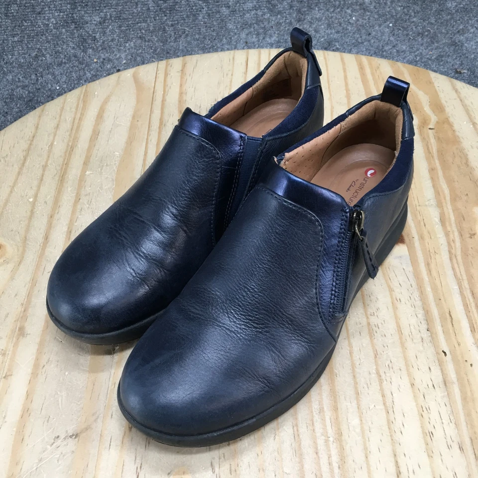 Clarks Unstructured Shoes Womens 8M Un Adorn Casual Side Zip Loafer Blue Leather - Image 3 of 4