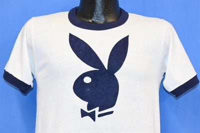 vintage 70s PLAYBOY BUNNY LOGO VELVET FLOCKED BLUE WHITE RINGER t