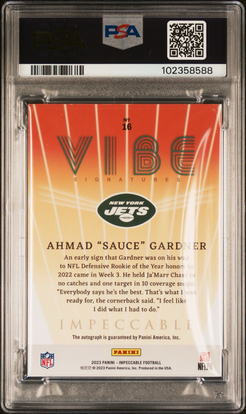2023 PANINI IMPECCABLE VIBES SIGNATURES SAUCE GARDNER #16 /75 (AU) PSA 8 view 2