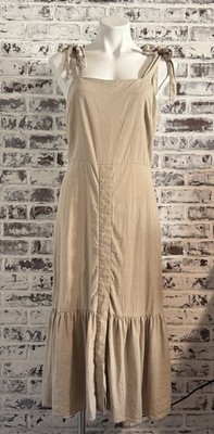 Emma and Michele Lg Strappy Ties Linen Blend Ruffle Midi Dress Khaki Vacay Beach