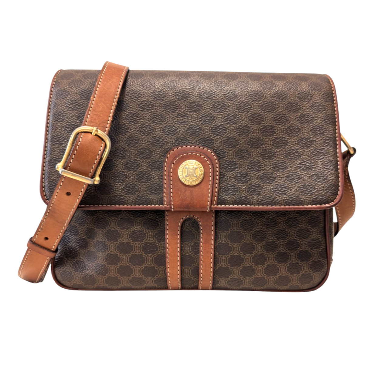 CELINE Shoulder Bag Macadam Purse PVC Leather Brown Vintage