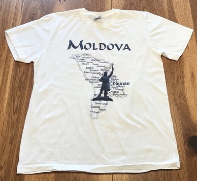 Moldova Graphic T-shirt Moldova Map W/City Names White/Navy Blue Womens Sz Large