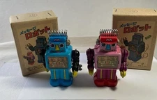 Two Fuji Rock Wind-Up Tinplate Robots~Made in Japan~Blue and Pink~With Boxes