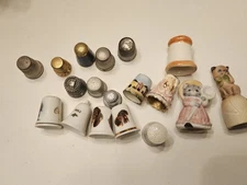 Huge Thimble Collection Lot Of 18 Unique Sewing Thimbles Cat Cloisonne +more 