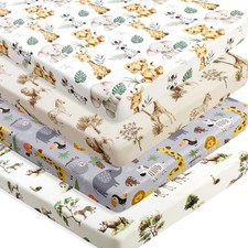 4 Pack Safari Jungle Animals Neutral Unisex Fitted Nursery Baby Sheets Set Ma...