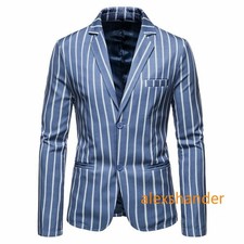 Mens Striped Lapel Blazer Coats Casual Single Breasted Slim Fit Jackets Formal