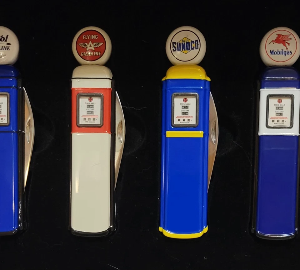 Franklin Mint Gas Pump Pocket Knives set housed in a wooden display case Vintage - Image 4 of 4
