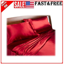 Satin Sheets Queen Size Soft Silk Feel Bedding 4Pc Set Luxury Bed Linen RED