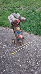 Vintage WOODEN 6 player Antique CROQUET SET w/ Stand BALLS USA