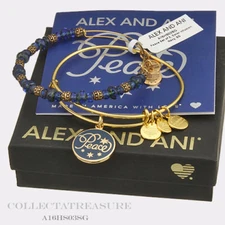 Authentic Alex and Ani Peace Set of 2, Navy Shiny Gold Expandable Charm Bangle 