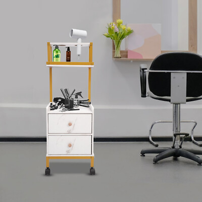 Two Storage Drawers Barber Cart W/4 Wheels Rolling Trolley Cart White And Gold