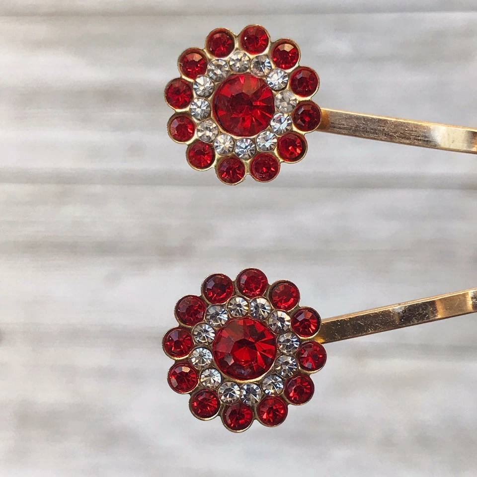 Red Rhinestone Hair Pins, Red Flower Hair Pins, Hair Pins For Woman, Womens Hair - Image 2 of 4