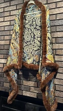 La Fiorentina Colorful Paisley Shawl With Faux Fur Trim~Made in Italy~NWT!