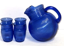 Hazel Atlas FINE RIB  BLUE  JUICE PITCHER W/ 4 - 3 1/4" JUICE TUMBLERS