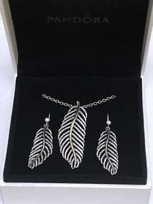RETIRED Authentic PANDORA Light as a Feather CZ Earrings & Necklace Set w/Box!!