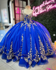 Royal Blue Quinceanera Dresses Spaghetti Strap Gold Appliques Sweet 16 Ball Gown