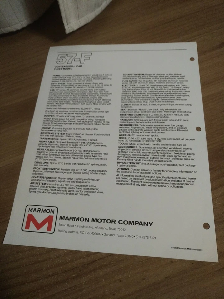 Marmon 1983 57-F Truck Original Standard Specifications Page Brochure  - Image 2 of 3