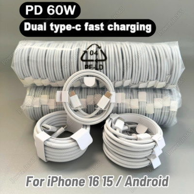 60W Type C USB C Fast Charger Nylon Cable For iPhone 16 15 iPad Pro Android Lot