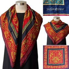 Yves Saint Laurent Red/Navy Silk Twill Scroll Scarf 84x84cm Reverse Handroll Hem
