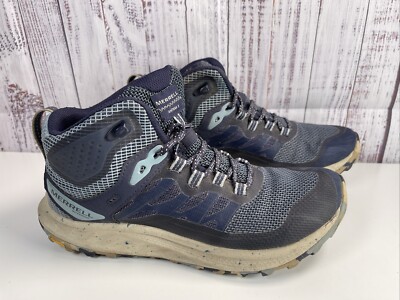 Merrell Antora 3 Mid Top Waterproof Trail Running Shoes Women's 8.5 Blue Navy Vi