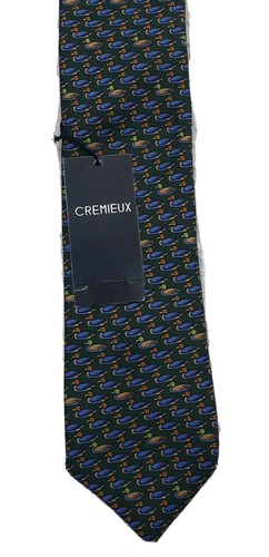 Corbata de cuello Cremieux verde con patos azules estampados 100% seda $59+ ¡NUEVA bonita! - Imagen 2 de 6