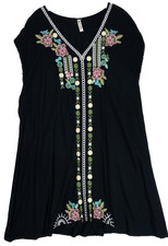 Shoreline Embroidered Shift Dress Women's Plus 2X Floral Black BOHO Rayon Beach