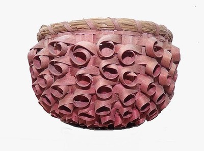 19TH C. MINI PASSAMAQUADDY ASH BASKET - PORCUPINE CURLS & RED PAINT -4 1/4'' DIA.
