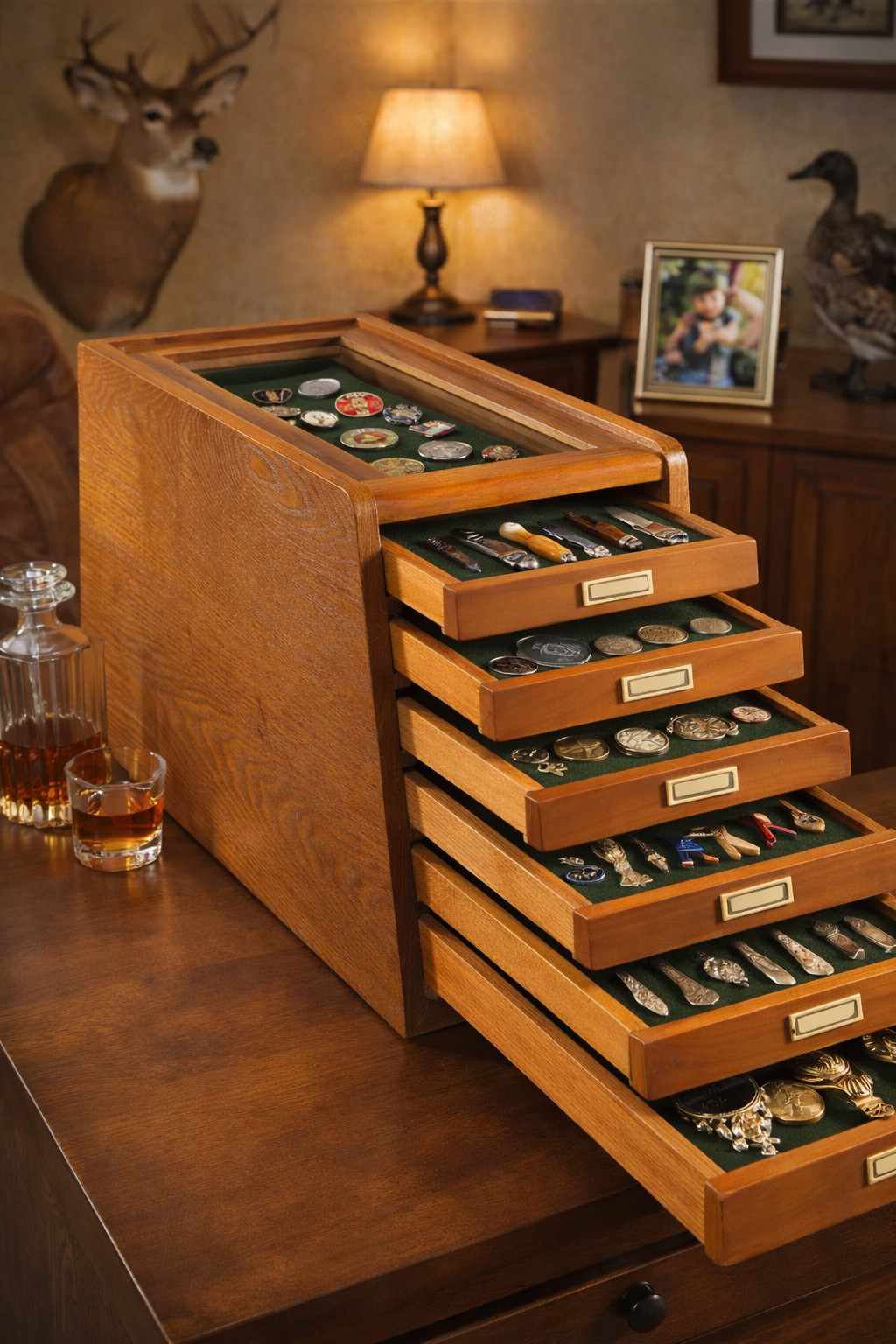 Solid Wood 7 Drawer Display Cabinet for Coins Knives Watch Medals w/ Glass Top