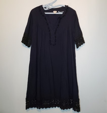 Hinge Womens 1 Sheath Dress Navy Blue Short Sleeve V Neck Lace Cuff Hem Rayon