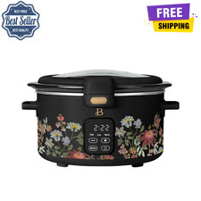 Beautiful 4-Qt Digital Slow Cooker Hinged Lid Wildflower Black Drew Barrymore