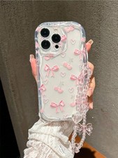 Clear Phone Case Pink Bows Cherries Beaded Charm For iPhone 17 16 15 14 13 12 11