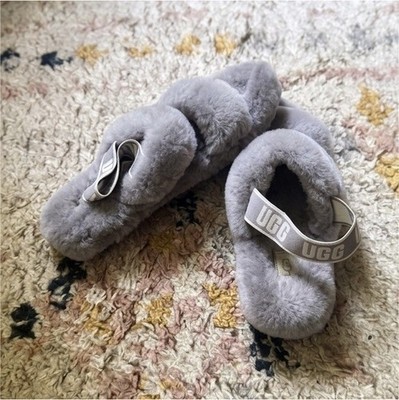 UGG Oh Yeah Gray Faux Fur Logo Strap Slide Slippers Womens US 10
